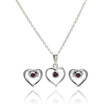 Load image into Gallery viewer, Sterling Silver Rhodium Plated Open Heart Round Red CZ Stud Earring and Necklace Set