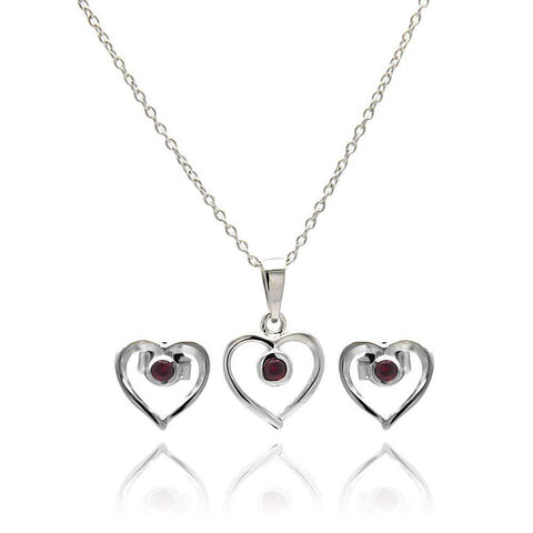 Sterling Silver Rhodium Plated Open Heart Round Red CZ Stud Earring and Necklace Set