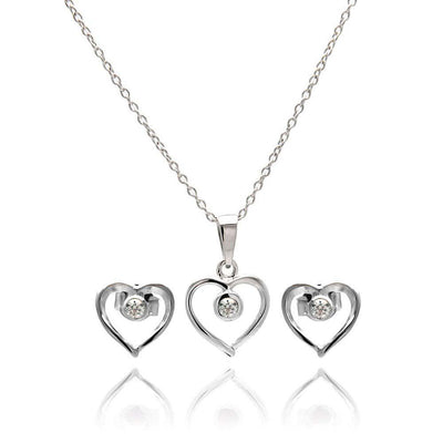 Sterling Silver Rhodium Plated Open Heart Round CZ Stud Earring and Necklace Set