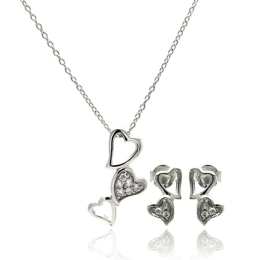 Sterling Silver Rhodium Plated Multiple Open Heart CZ Dangling Stud Earring and Necklace Set