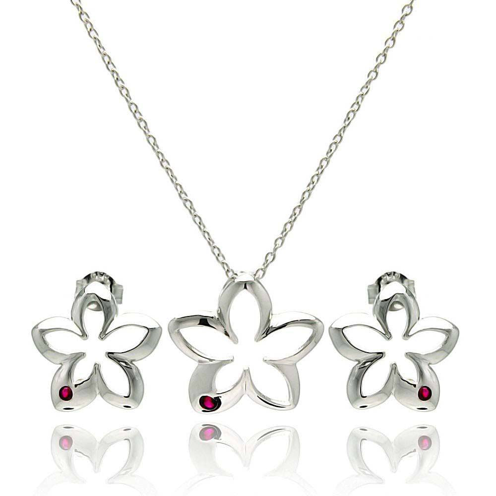 Sterling Silver Rhodium Plated Open Flower Small Red Round CZ Stud Earring and Necklace Set