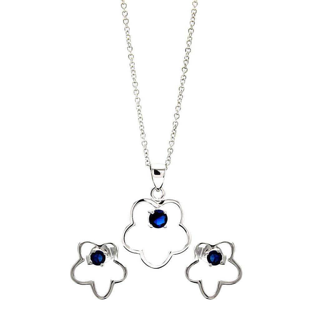 Sterling Silver Rhodium Plated Open Flower Round Blue CZ Stud Earring and Necklace Set