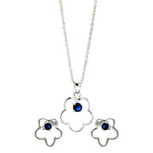 Load image into Gallery viewer, Sterling Silver Rhodium Plated Open Flower Round Blue CZ Stud Earring and Necklace Set