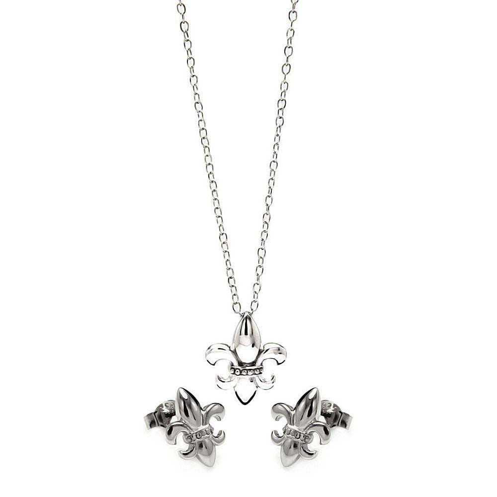 Sterling Silver Rhodium Plated Fleur De Lis CZ Stud Earring and Necklace Set