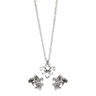Sterling Silver Rhodium Plated Fleur De Lis CZ Stud Earring and Necklace Set