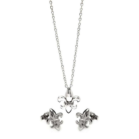 Sterling Silver Rhodium Plated Fleur De Lis CZ Stud Earring and Necklace Set