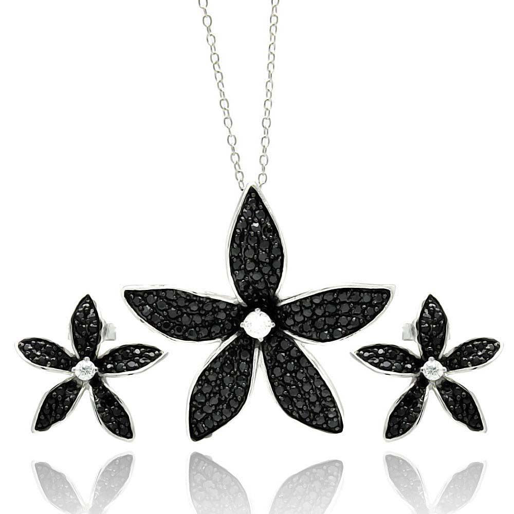 Sterling Silver Rhodium Plated Black Flower CZ Stud Earring and Necklace Set