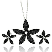 Load image into Gallery viewer, Sterling Silver Rhodium Plated Black Flower CZ Stud Earring and Necklace Set