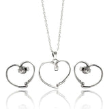 Sterling Silver Rhodium Plated Open Heart CZ Stud Earring and Necklace Set