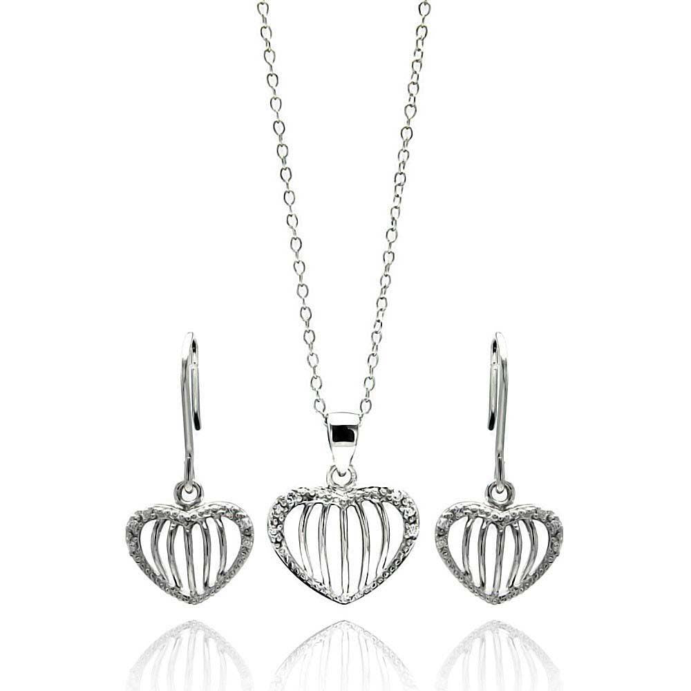 Sterling Silver Rhodium Plated Open Heart Stripe CZ Stud Earring and Necklace Set