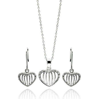 Sterling Silver Rhodium Plated Open Heart Stripe CZ Stud Earring and Necklace Set