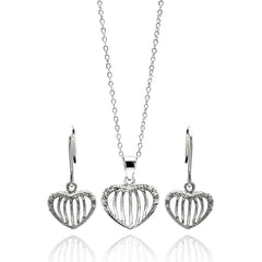 Sterling Silver Rhodium Plated Open Heart Stripe CZ Stud Earring and Necklace Set