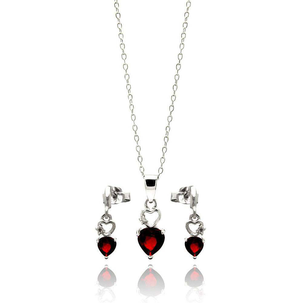 Sterling Silver Rhodium Plated Open Graduated Red Heart Stud Earring and Necklace Set