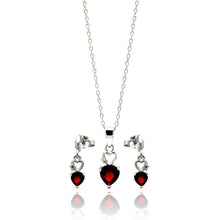 Load image into Gallery viewer, Sterling Silver Rhodium Plated Open Graduated Red Heart Stud Earring and Necklace Set