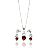 Sterling Silver Rhodium Plated Open Graduated Red Heart Stud Earring and Necklace Set