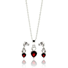 Sterling Silver Rhodium Plated Open Graduated Red Heart Stud Earring and Necklace Set