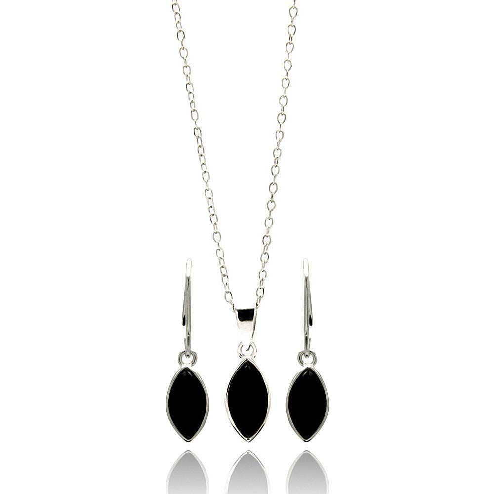 Sterling Silver Rhodium Plated Black Marqui CZ Dangling Lever Back Earring and Necklace Set