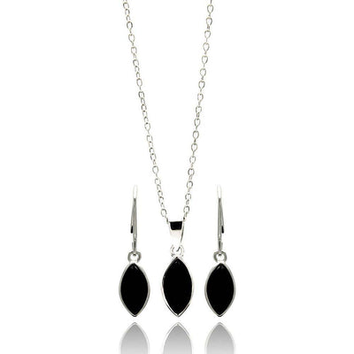 Sterling Silver Rhodium Plated Black Marqui CZ Dangling Lever Back Earring and Necklace Set