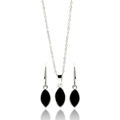 Sterling Silver Rhodium Plated Black Marqui CZ Dangling Lever Back Earring and Necklace Set