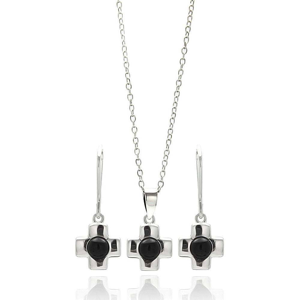 Sterling Silver Rhodium Plated Cross Center Black Onyx Lever Back Dangling Earring and Necklace Set