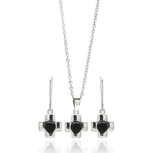 Load image into Gallery viewer, Sterling Silver Rhodium Plated Cross Center Black Onyx Lever Back Dangling Earring and Necklace Set