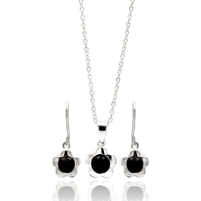 Sterling Silver Rhodium Plated Flower Black Round CZ Dangling Lever Back Stud Earring and Necklace Set