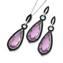 Load image into Gallery viewer, Sterling Silver Black Rhodium Plated Pink Teardrop CZ Dangling Stud Earring and Necklace Set