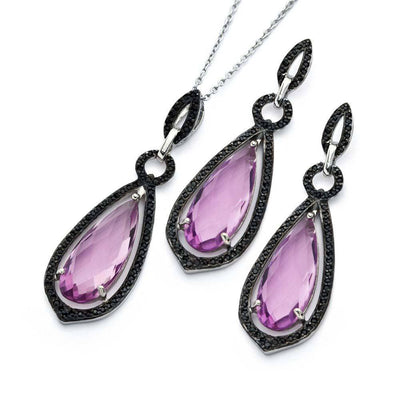 Sterling Silver Black Rhodium Plated Pink Teardrop CZ Dangling Stud Earring and Necklace Set