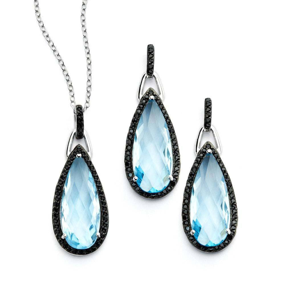 Sterling Silver Black Rhodium Plated Blue Teardrop CZ Dangling Stud Earring and Necklace