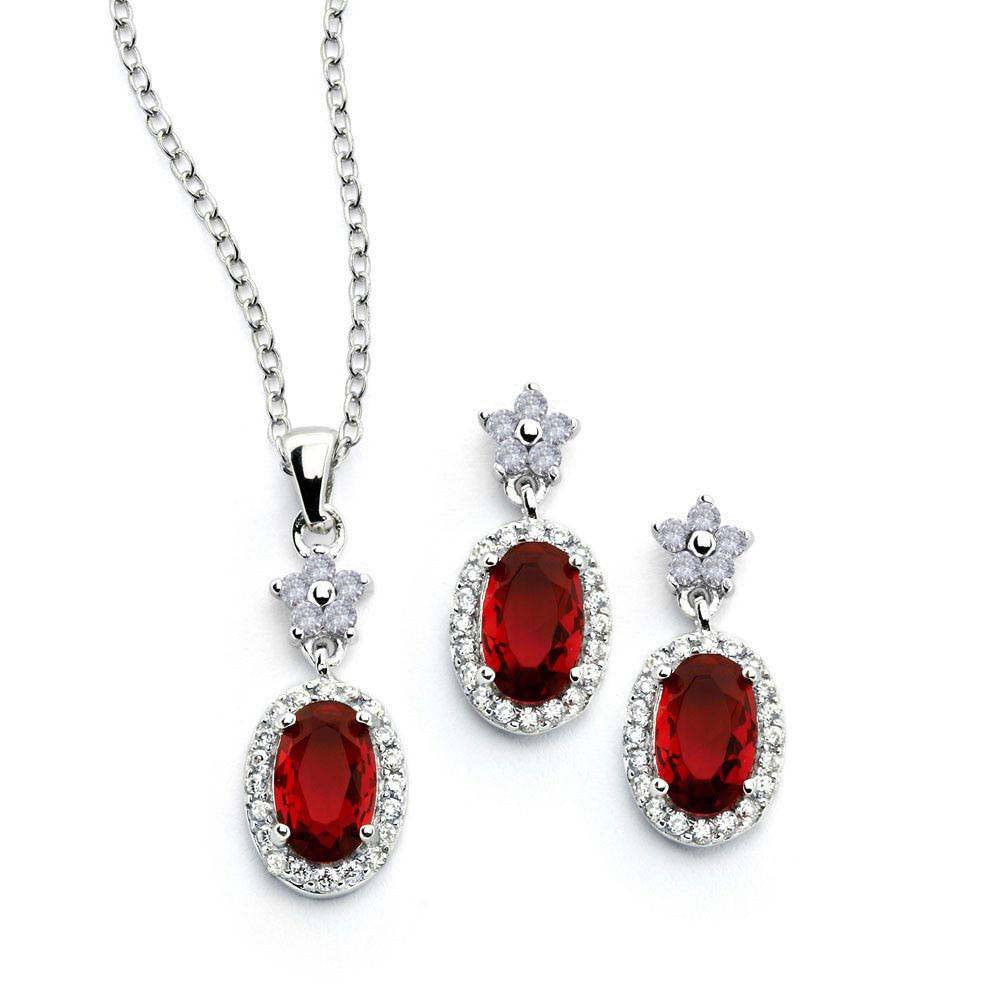 Sterling Silver Rhodium Plated Flower Round Red CZ Dangling Stud Earring and Necklace Set