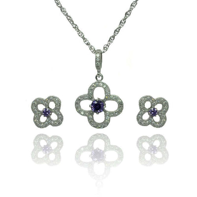 Sterling Silver Rhodium Plated Open Flower Purple Small round CZ Stud Earring and Necklace Set