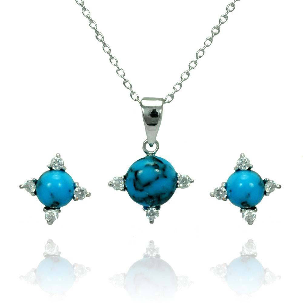 Sterling Silver Rhodium Plated Blue Ball CZ Stud Earring and Necklace Set