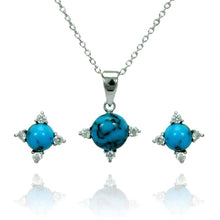 Load image into Gallery viewer, Sterling Silver Rhodium Plated Blue Ball CZ Stud Earring and Necklace Set