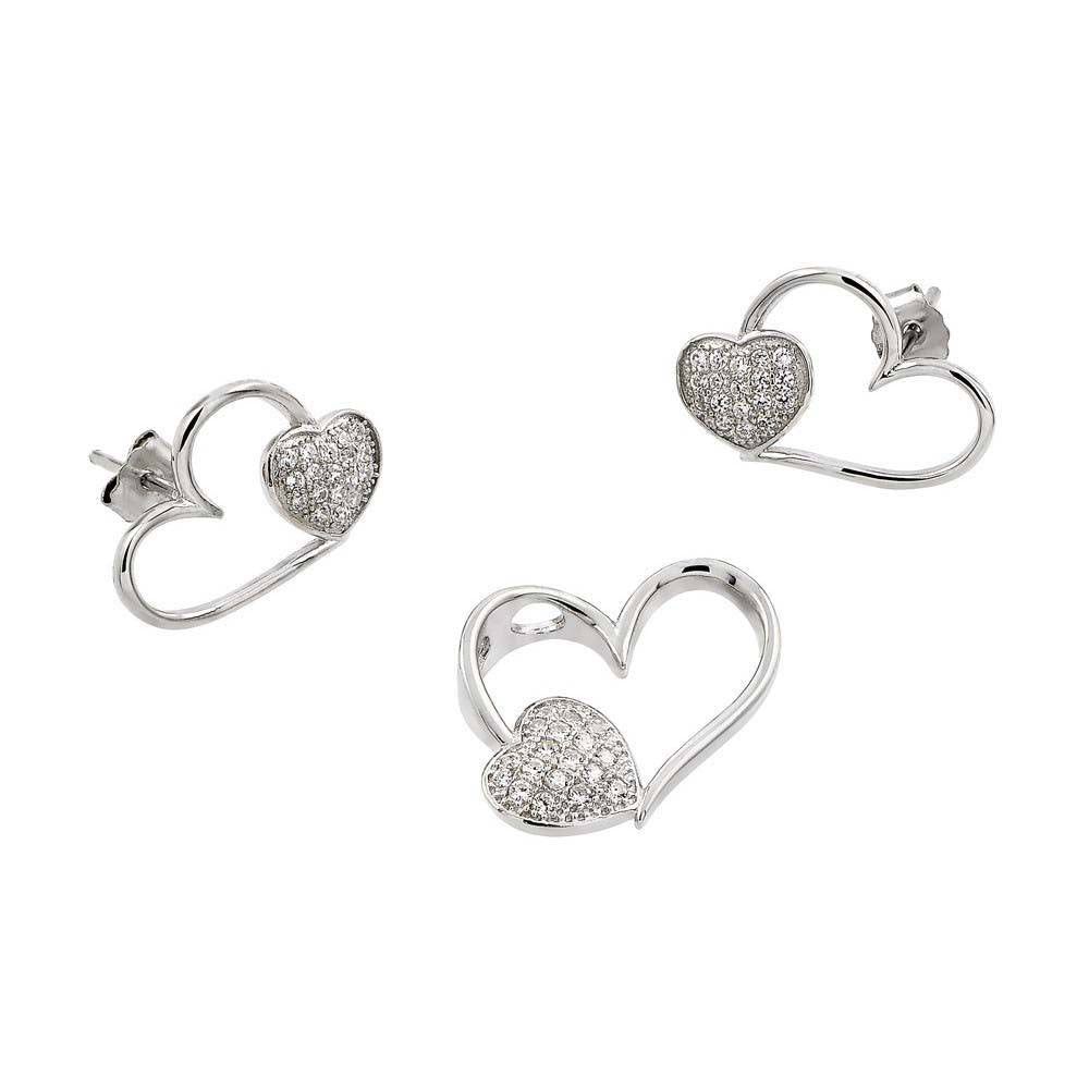 Sterling Silver Rhodium Plated Open Heart CZ Stud Earring and Necklace Set