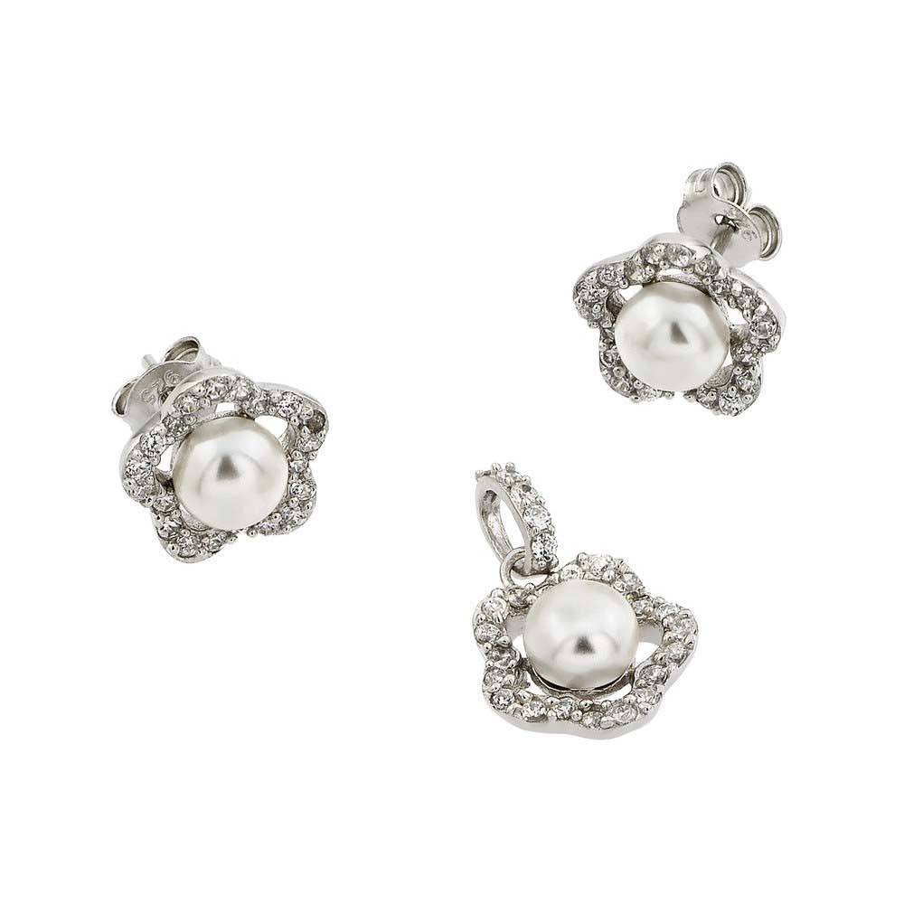 Sterling Silver Rhodium Plated Flower CZ Center Pearl Stud Earring and Necklace Set