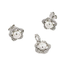 Load image into Gallery viewer, Sterling Silver Rhodium Plated Flower CZ Center Pearl Stud Earring and Necklace Set