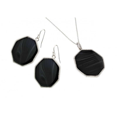 Sterling Silver Rhodium Plated Black Octagon CZ Dangling Hook Earring and Necklace Set