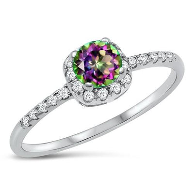 Silver Round Rainbow Topaz CZ With Clear CZ Border Ring