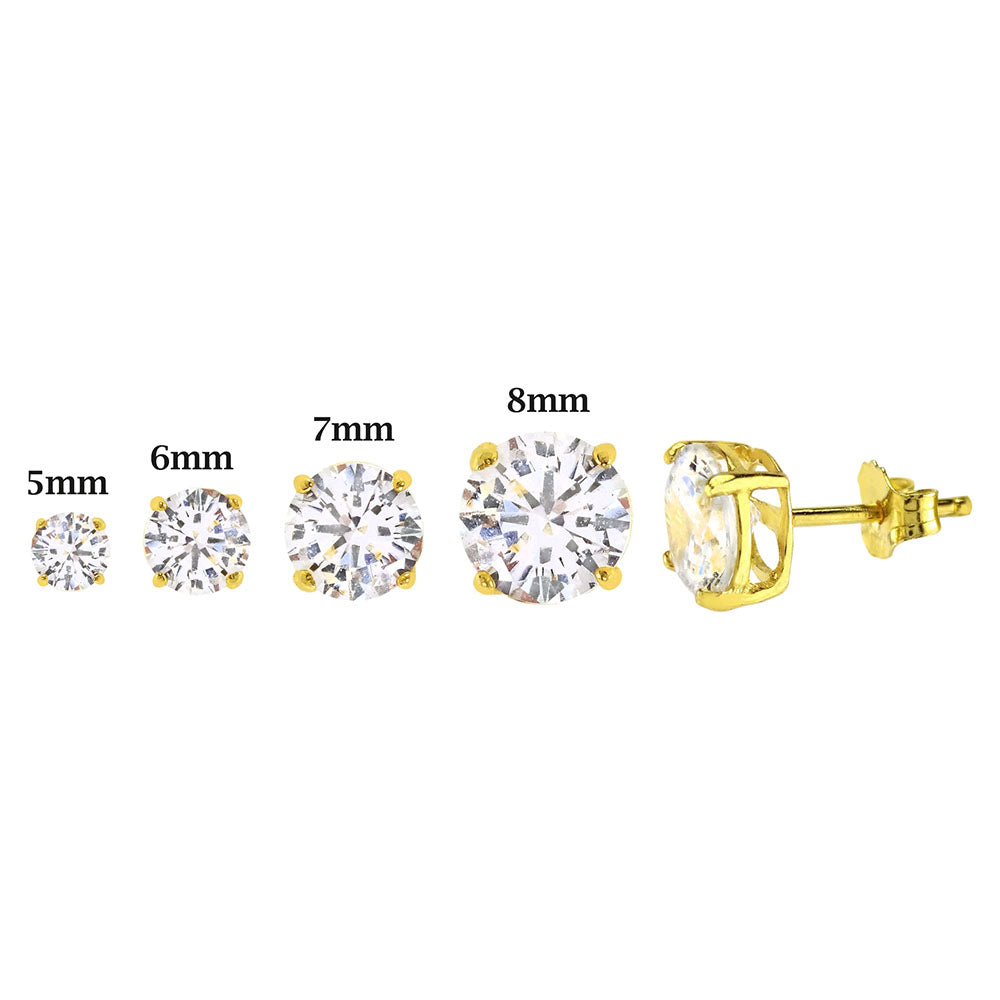 Sterling Silver prong Yellow Gold-Plated Solid Round Cubic Zirconia Studs