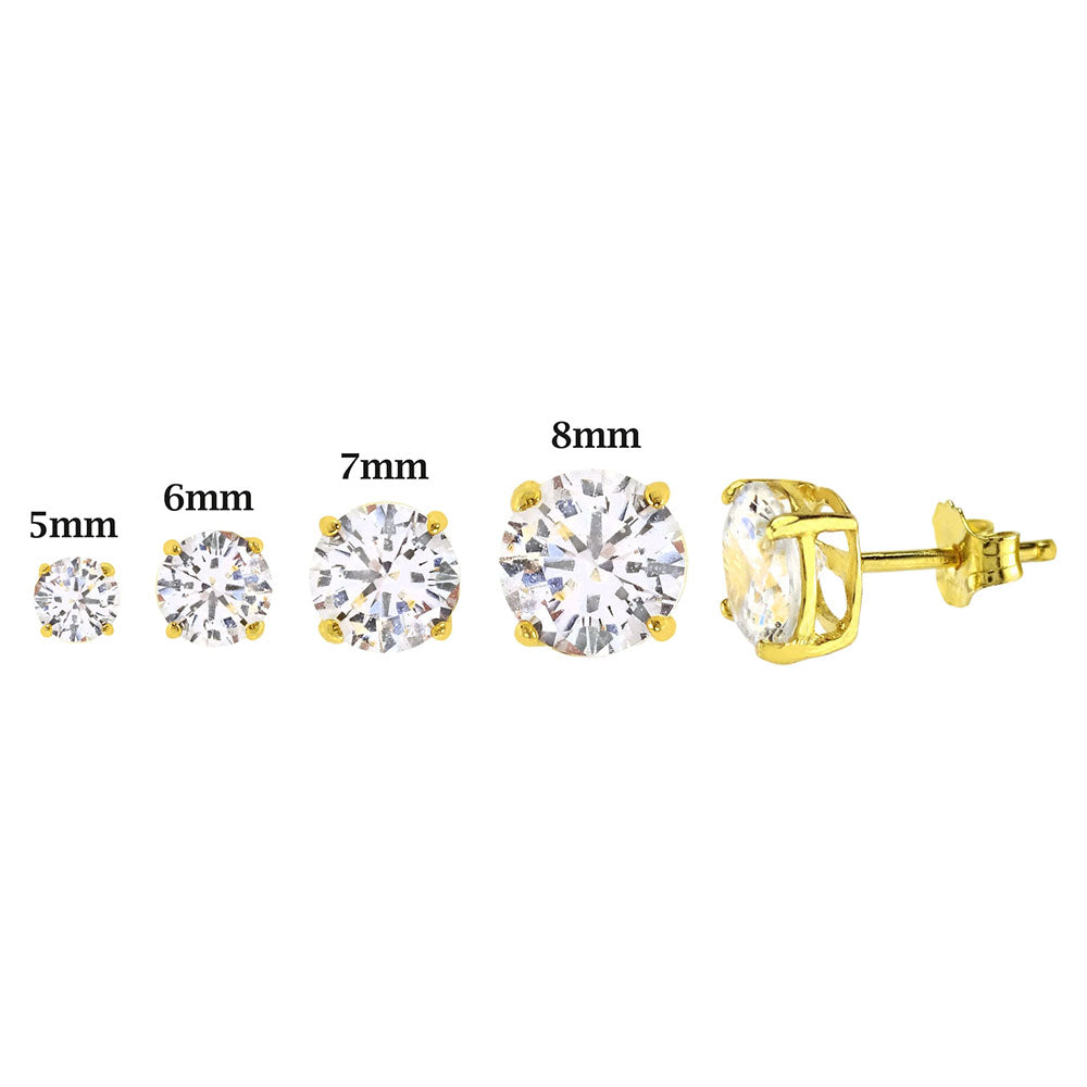 Sterling Silver prong Yellow Gold Plated Solid Round Cubic Zirconia Studs