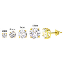 Load image into Gallery viewer, Sterling Silver prong Yellow Gold Plated Solid Round Cubic Zirconia Studs