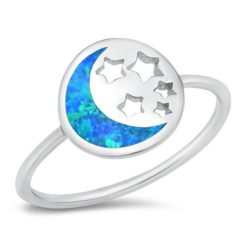 Sterling Silver Lab Opal Moon and Stars Ring