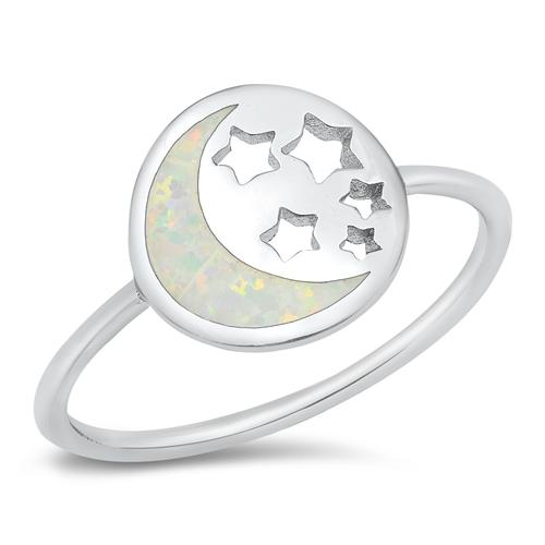 Sterling Silver Lab Opal Moon and Stars Ring