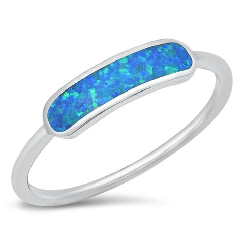 Sterling Silver Rhodium Plated Blue Lab Opal Bar Ring with Face Height of 4mm