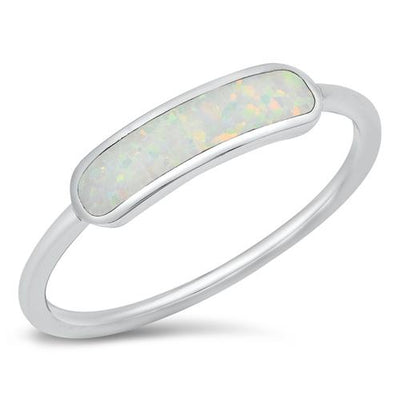 Sterling Silver Rhodium Plated White Lab Opal Bar Ring with Face Height of 4mm