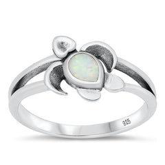 Sterling Silver White Lab Opal Turtle Ring