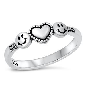 Sterling Silver Happy Face & Heart Start Ring