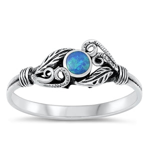 Sterling Silver Blue Lab Opal Centered Leaf Ring