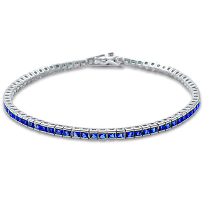 Sterling Silver Elegant Princess Bezel Blue Sapphire Tennis Bracelet, Length 7.5 inch