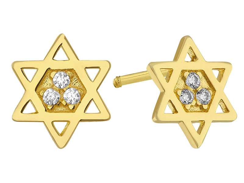 14K Yellow Gold Star of David With CZ Screw Back Earrings